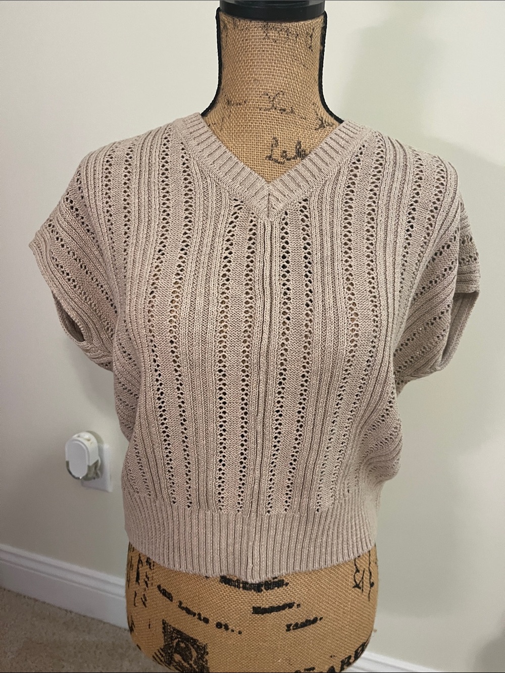 Neutral Beige Eyelet Knit V-Neck Sweater Top